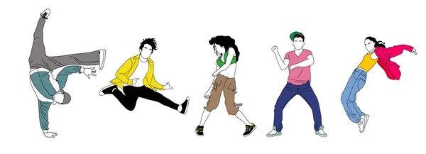 Tanečníci Hip Hop Breakdance Obrys Vektor Kreslení Izolované Bílém Pozadí — Stockový vektor