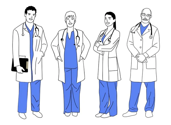 Een Stel Lachende Dokters Verpleegsters Verschillende Mannelijke Vrouwelijke Medici Uniform — Stockvector