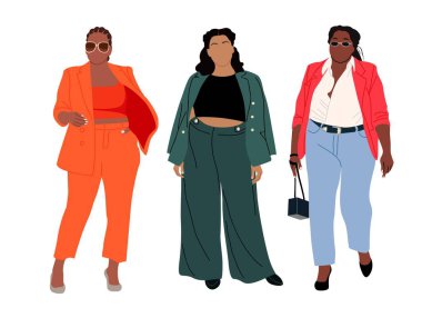 Curvy Business kadınları seti. Modern ofis kıyafetleri içinde çeşitli çokuluslu duruş ve beden ölçülerinde kadınların vektör sanat çizimi. Güzel siyah bayan patron. Beyaz arkaplanda izole.