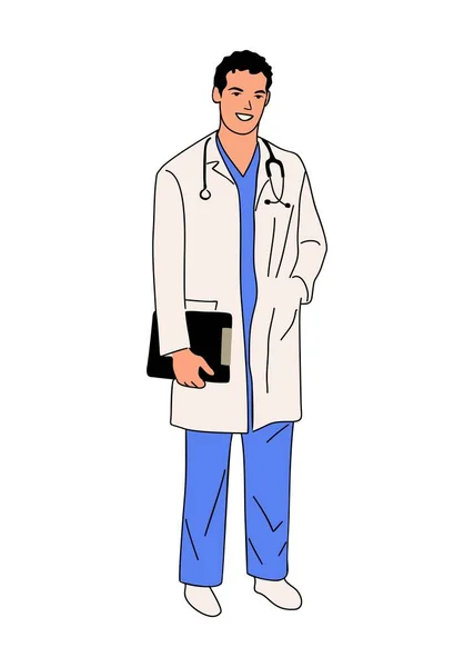Junger Lächelnder Arzt Sanitäter Uniform Mit Stethoskop Und Tablette Umrissvektordarstellung — Stockvektor