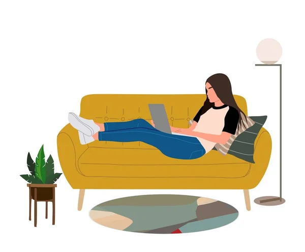 Stock vector Girl with laptop computer on sofa. Young woman lying on couch, remote working, chatting online, reading internet news. Freelancer and PC. Vector illustration isolated on white background