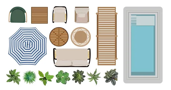 Iconos Vista Superior Muebles Exterior Para Plan Diseño Interiores Paisajes — Vector de stock