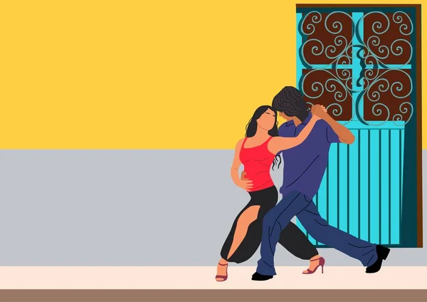 ラテン舞踊家は サルサ バカータ タンゴのカップルは ハバナの古い通りにポーズします テキスト用のコピースペース付きフラットベクトルリアルなイラスト 水平バナー カバー 背景テンプレート — ストックベクタ