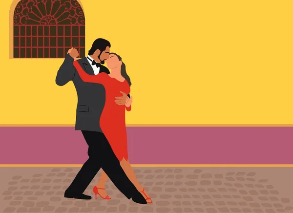 サルサ バカータ タンゴのラテンダンスカップルは ブエノスアイレスの古いボカ チカ通りにポーズをとっています コピースペース付きフラットベクトルリアルなイラスト 水平バナー カバー 背景テンプレート — ストックベクタ