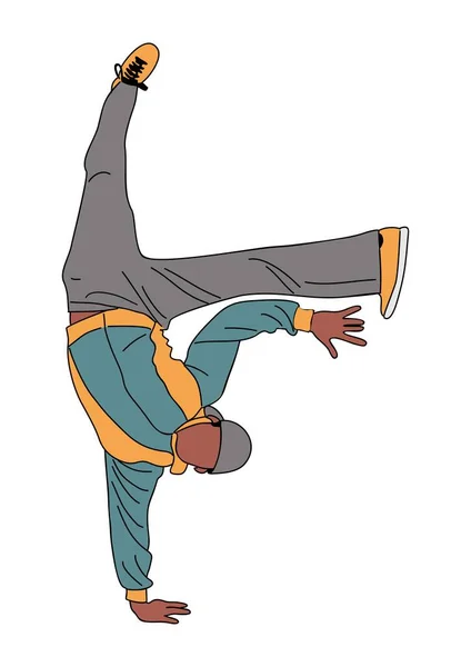都会のヒップホップスタイルでストリートダンスを踊る男 ダンサーブレイクダンス 漫画のキャラクター 白を基調としたベクトルフラットイラスト — ストックベクタ