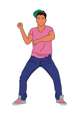 Şehir hip hop tarzında sokak dansı yapan bir adam. Dansçı zıplıyor ve break dans yapıyor. Çizgi film karakteri. Beyaz arkaplanda izole edilmiş vektör düz illüstrasyon.