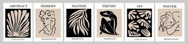 Set Abstract Posters Modern Beige Black Colors Trendy Matisse Inspired — Stock Vector