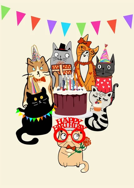 Χρόνια Πολλά Ευχετήρια Κάρτα Χαριτωμένες Αξιολάτρευτες Γάτες Καπέλα Κόμμα Διακοσμήσεις — Διανυσματικό Αρχείο