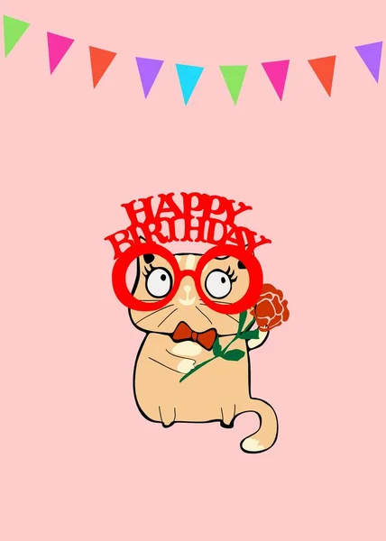 Днем Народження Вітальна Листівка Милою Чарівною Кішкою Партійними Окулярами Трояндовою — стоковий вектор