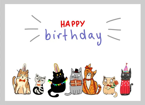 Поздравительные Открытки День Рождения Милыми Очаровательными Кошками Шляпах Вечеринок Украшения — стоковый вектор