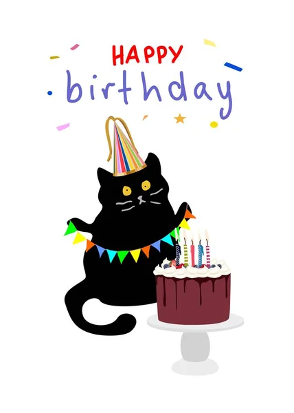 Поздравительная Открытка День Рождения Милой Очаровательной Черной Кошкой Шляпе Торте — стоковый вектор