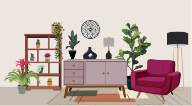 İç mekan orta çağ modern klasik mobilyalarla dolu. Koltuk, çekmeceler, raflar, lambalar, ev bitkileri. Renkli vektör illüstrasyonu.