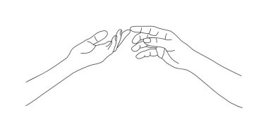 İki el birbirine uzanıyor, birbirine dokunuyor. Destek ve yardım eli, ilişki, arkadaşlık kavramı. Beyaz arkaplanda izole edilmiş tek renkli el çizimi resim çizimi çizimi çizimi çizimi.