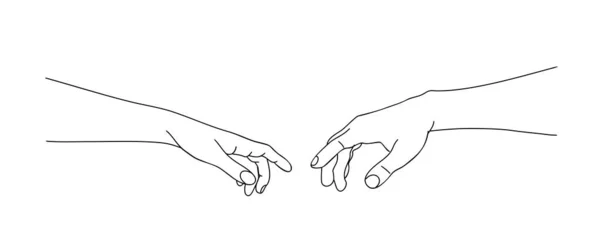 2つの手に向けて お互いに触れるに達する 支援と支援の手 友情の概念 モノクローム手描き線画ベクトル図白地に孤立 — ストックベクタ