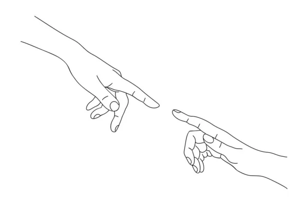 2つの手に向けて お互いに触れるに達する 支援と支援の手 友情の概念 モノクローム手描き線画ベクトル図白地に孤立 — ストックベクタ
