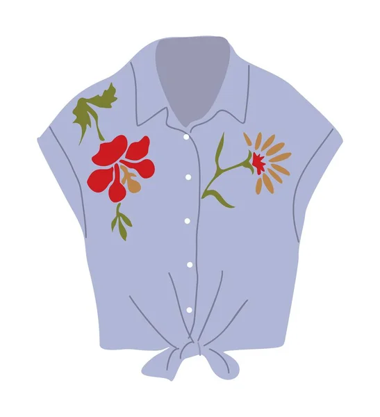 Lässiges Blaues Ärmelloses Hemd Mit Bestickten Blumen Modernes Sommergewand Für — Stockvektor