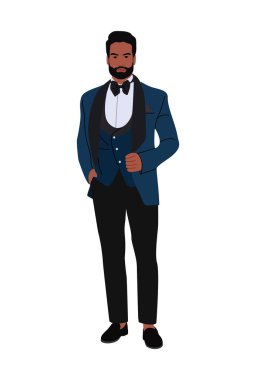 Smokin giyen şık bir adam, resmi etkinlik için takım elbise, parti, düğün. Lüks kıyafetler içinde yakışıklı, sakallı, zenci bir iş adamı. Beyaz arkaplanda izole edilmiş vektör gerçekçi illüstrasyon.