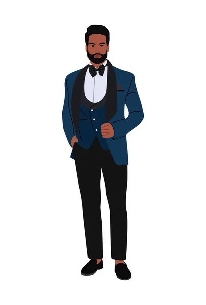 タキシードを着たエレガントな男 正式なイベント パーティー 結婚式のためのスーツ 豪華な服でハンサムなひげを生やした黒人実業家 白い背景に切り取られたベクトル現実的なイラスト — ストックベクタ