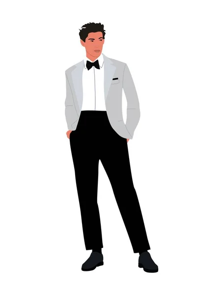 Elegant Man Wearing Tuxedo Suit Formal Event Party Wedding Handsome — Stock Vector