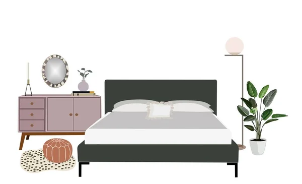 一套卧室家具 床与枕头 床头柜 室内植物 在白色背景上孤立的向量图 — 图库矢量图片