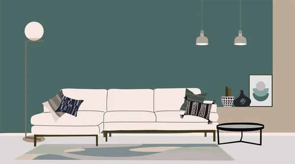 现代客厅矢量图解 舒适的公寓 配有白色沙发 室内植物 时髦的现代家居室内设计 有鼠尾草绿色和淡淡的色彩 — 图库矢量图片