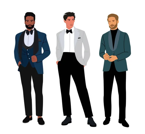 Takım Elbise Smokin Giyen Zarif Adamları Takımı Yakışıklı Erkek Karakterler — Stok Vektör