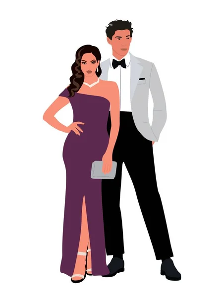 이브닝 드레스를 부부가 흰색에 고립된 실제적 보여준다 남자와 여자는 행사나 — 스톡 벡터
