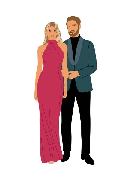 Couple Trendy Evening Clothes Standing Together Vector Realistic Illustration Isolated — Stock Vector