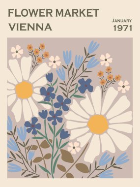 Soyut poster Çiçek Pazarı Viyana. Danimarka renginde çiçek desenli botanik duvar sanatı. Modern, saf, modaya uygun iç dekorasyon, resim. Vektör sanatı illüstrasyonu.