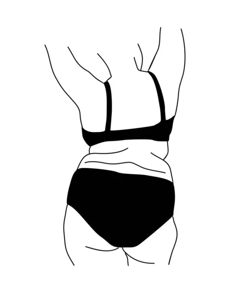 线条艺术矢量插图卷曲的女人在内裤 外加尺寸女孩在比基尼身体正面抽象简约画墙壁艺术 因白人背景而被隔离 — 图库矢量图片