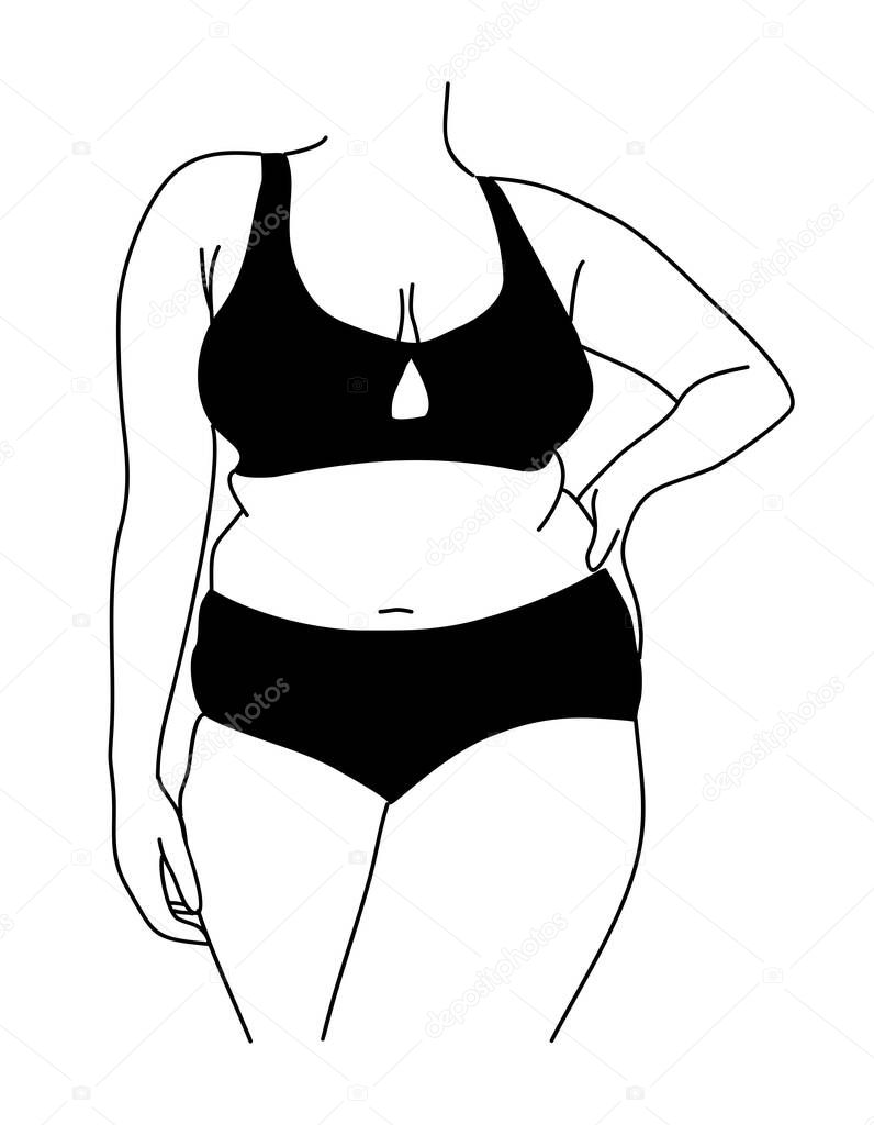 Line art vector illustration of curvy woman in underwear. Plus size girl in bikini Body positive abstract minimalist drawing for wall art, poster, card, logo. Isolated on white background.