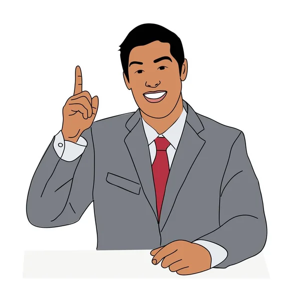 幸せなビジネスマンの机に座って 選択的な焦点をジェスチャーで 彼の指を指している ハンサムな若い男で正式なスーツとネクタイ漫画現実的なベクトルキャラクターアウトラインイラスト孤立 — ストックベクタ