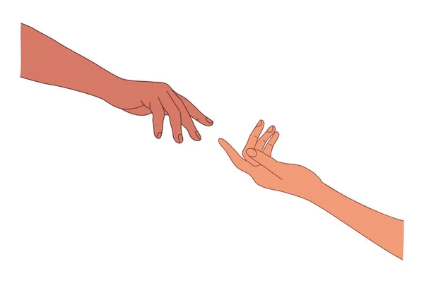 跨种族夫妇手牵手的彩色插图 两只手伸向对方 支持的概念 在白色背景下孤立的现代矢量艺术 — 图库矢量图片