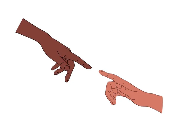 Coppia Interrazziale Holding Hands Illustrazione Colorata Due Mani Che Avvicinano — Vettoriale Stock