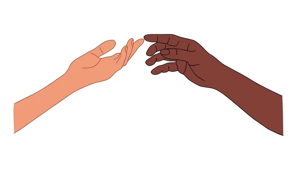 Interraciaal Koppel Holding Hands Kleurrijke Illustratie Twee Handen Reiken Naar — Stockvector