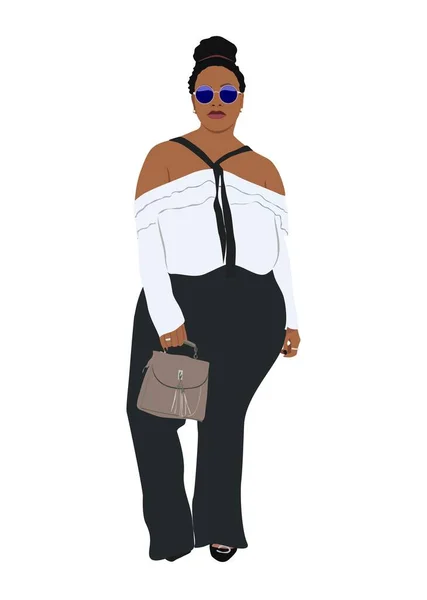 Elegante Mujer Negra Con Curvas Elegante Aspecto Informal Oficina Personaje — Vector de stock