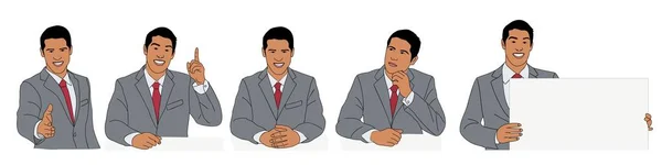 ジェスチャーや表情の異なるビジネスマンキャラクターのセット オフィスの机の上に座って正式なスーツを着てハンサムな男は 空白のプラカードを保持します ベクトル漫画現実 — ストックベクタ