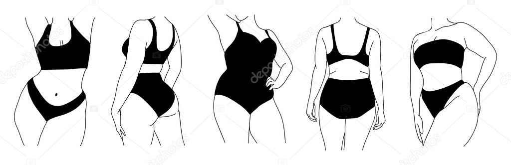 Line art vector illustration of curvy women in underwear. Plus size girls in bikini Body positive abstract minimalist drawing for wall art, poster, card, logo. Isolated on white background.