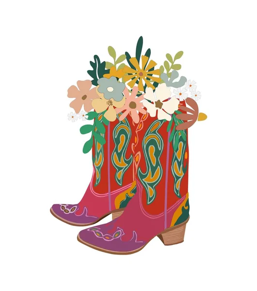 Квіти Ковбойських Черевиках Пара Взуття Vintage Cowgirl Чоботи Традиційним Орнаментом — стоковий вектор
