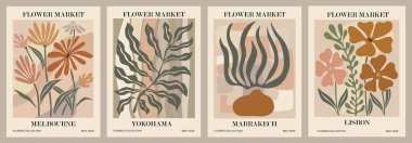 Set of abstract flower posters. Trendy botanical wall arts with floral design in earth tone colors. Modern naive groovy funky interior decorations, paintings. Vector art illustration. clipart
