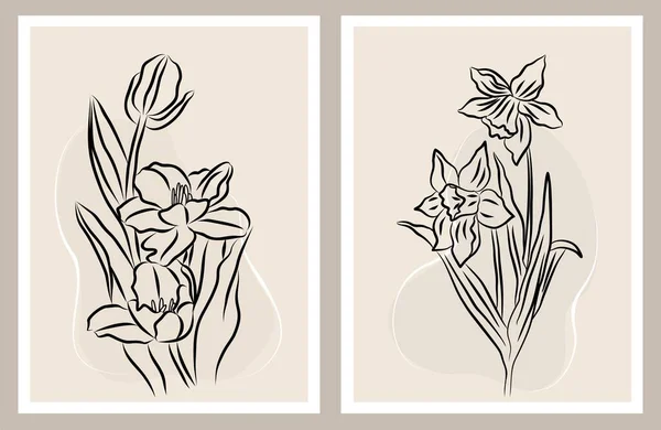 Tulip Και Daffodil Λουλούδια Γραμμή Σχέδιο Εκτύπωση Σετ Βοτανική Αφίσα — Διανυσματικό Αρχείο