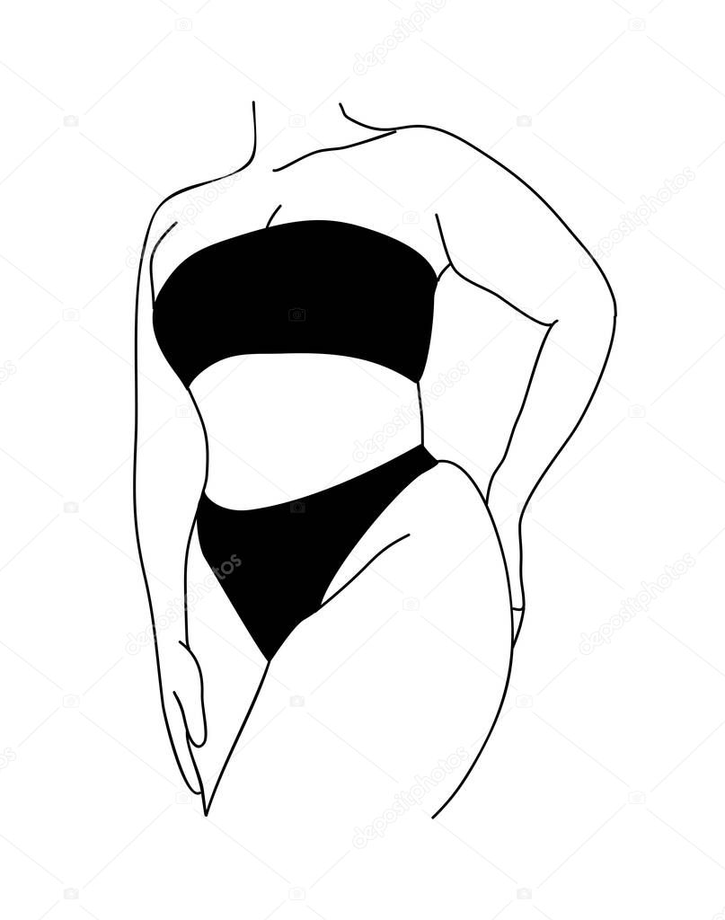 Line art vector illustration of curvy woman in underwear. Plus size girl in bikini Body positive abstract minimalist drawing for wall art, poster, card, logo. Isolated on white background.