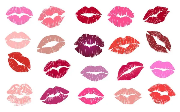 Set Lipstick Kiss Prints Red Pink Purple Wine Magenta Lips — Stock Vector