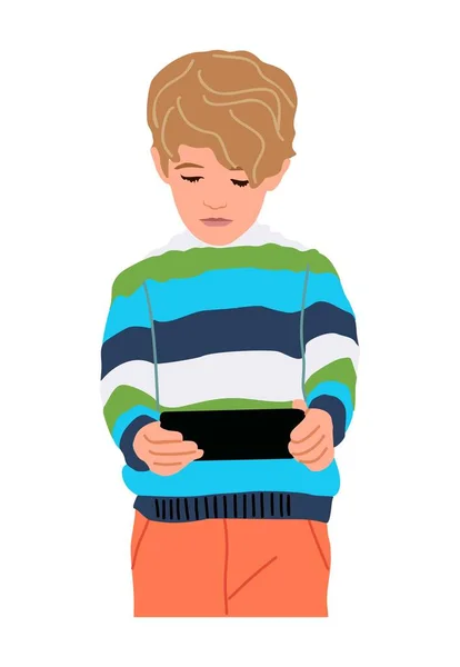 Милий Маленький Хлопчик Грає Відеоігри Смартфоні Концепція Телефонної Або Інтернет — стоковий вектор