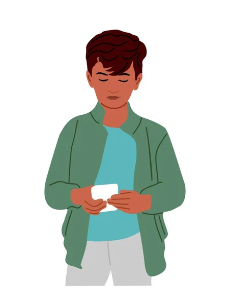 可爱的男孩在智能手机上玩电子游戏 电话或上网成瘾的概念 使用Gadget的学生 远程教育 在白色背景上孤立的向量图 — 图库矢量图片