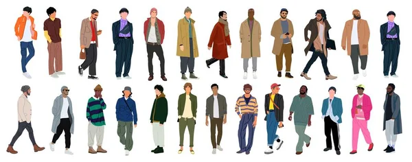 街头时尚男人组的矢量插图 年轻男子穿着时髦的现代街道风格的衣服站着走着 在白色背景下被隔离的卡通风格男性角色 — 图库矢量图片
