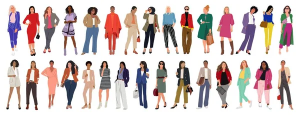 Modern Women Collection Vector Realistic Illustration Diverse Multinational Standing Cartoon — Stock Vector