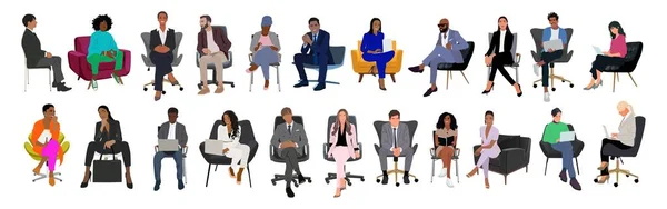 Επιχειρηματίες Που Κάθονται Συμμετέχουν Συναντήσεις Επιχειρηματικές Εκδηλώσεις Σύνολο Διαφορετικών Γυναικείων — Διανυσματικό Αρχείο