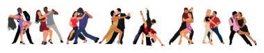 Dans Eden İnsanlar, Dansçı Bachata, Salsa, Flamenko, Tango, Latin Dansı. Farklı dans pozları veren bir grup insan. Beyaz arkaplanda izole edilmiş çizgi film biçimi düz vektör çizimleri.