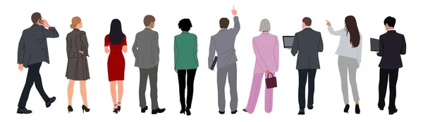 ノートパソコン バッグで立ちバックビューの異なるビジネス人のセット 男性と女性のキャラクターは 正式なオフィス服を着用リアビューベクトルイラスト白の背景に隔離 — ストックベクタ